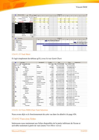 Vincent ISOZ
Microsoft Project 514/935
12.6.9.1.15 Task Sheet
Il s'agit simplement du tableau qu'il y avec le vue Gantt Chart:
12.6.9.1.16 Visio WBS Chart Task Selection
Nous avons déjà vu le fonctionnement de cette vue dans les détails à la page 456.
12.6.9.2 Vues avec fiches
Intéressons nous maintenant aux fiches disponibles de la partie inférieure de l'écran et
activable seulement à partir de vues (menu View/More views):
 