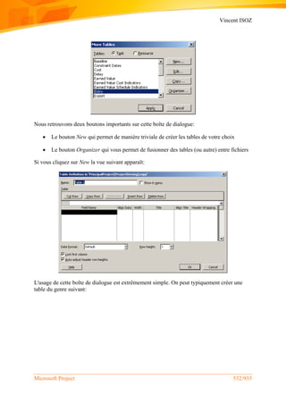Vincent ISOZ
Microsoft Project 532/935
Nous retrouvons deux boutons importants sur cette boîte de dialogue:
 Le bouton New qui permet de manière triviale de créer les tables de votre choix
 Le bouton Organizer qui vous permet de fusionner des tables (ou autre) entre fichiers
Si vous cliquez sur New la vue suivant apparaît:
L'usage de cette boîte de dialogue est extrêmement simple. On peut typiquement créer une
table du genre suivant:
 