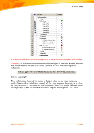 Vincent ISOZ
Microsoft Project 539/935
Il ne faut pas oublier que ces indicateurs peuvent se retrouver dans des rapports personnalisés.
Attention! Les indicateurs sont traités dans l'ordre dans lequel ils sont listés. Ceci est d'ailleurs
bien mis en évidence par le texte ci-dessous visible en bas de la boîte de dialogue des
indicateurs:
Prenons un exemple:
Nous souhaitons un champ où l'on indique la durée du retard par une valeur numérique
entière. Si cette valeur est inférieure ou égale à 3 alors nous aurons un disque vert, si la valeur
est comprise entre 4 et 10 nous aurons un disque orange, si supérieur ou égal à 11 nous aurons
un disque rouge et pour tout autre type de données un point d'interrogation. Cela s'écrira:
 