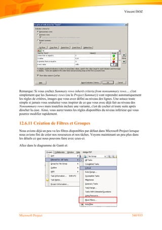 Vincent ISOZ
Microsoft Project 540/935
Remarque: Si vous cochez Summary rows inherit criteria from nonsummary rows.... c'est
simplement que les Summary rows (ou le Project Summary) vont reprendre automatiquement
les règles de critères, images que vous avez défini au niveau des lignes. Une astuce toute
simple si jamais vous souhaitez vous inspirer de ce que vous avec déjà fait au niveau des
Nonsummary rows mais toutefois inclure une variante, c'est de cocher et toute suite après
déocher la case. Ainsi, vous aurez toutes les règles disponibles du niveau inférieur qui vous
pourrez modifier rapidement.
12.6.11 Création de Filtres et Groupes
Nous avions déjà un peu vu les filtres disponibles par défaut dans Microsoft Project lorsque
nous avions fini de créer nos ressources et nos tâches. Voyons maintenant un peu plus dans
les détails ce que nous pouvons faire avec ceux-ci.
Allez dans le diagramme de Gantt et:
 