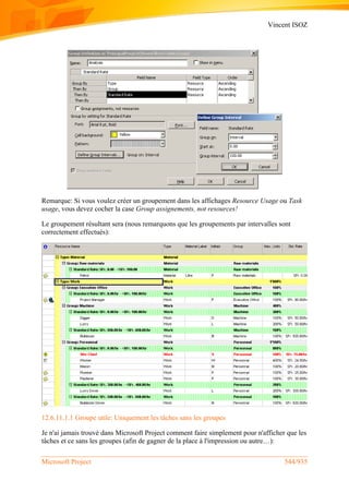Vincent ISOZ
Microsoft Project 544/935
Remarque: Si vous voulez créer un groupement dans les affichages Resource Usage ou Task
usage, vous devez cocher la case Group assignements, not resources!
Le groupement résultant sera (nous remarquons que les groupements par intervalles sont
correctement effectués):
12.6.11.1.1 Groupe utile: Uniquement les tâches sans les groupes
Je n'ai jamais trouvé dans Microsoft Project comment faire simplement pour n'afficher que les
tâches et ce sans les groupes (afin de gagner de la place à l'impression ou autre…):
 