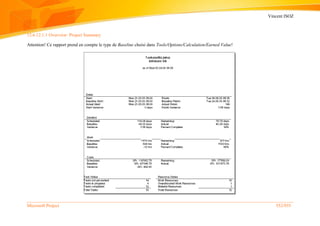 Vincent ISOZ
Microsoft Project 552/935
12.6.12.1.1 Overview: Project Summary
Attention! Ce rapport prend en compte le type de Baseline choisi dans Tools/Options/Calculation/Earned Value!
 