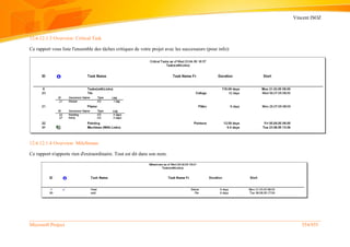 Vincent ISOZ
Microsoft Project 554/935
12.6.12.1.3 Overview: Critical Task
Ce rapport vous liste l'ensemble des tâches critiques de votre projet avec les successeurs (pour info):
12.6.12.1.4 Overview: MileStones
Ce rapport n'apporte rien d'extraordinaire. Tout est dit dans son nom.
 