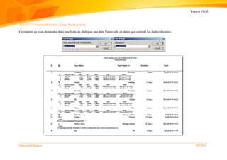 Vincent ISOZ
Microsoft Project 557/935
12.6.12.1.7 Current Activities: Tasks Starting Soon
Ce rapport va vous demander dans une boîte de dialogue une date l'intervalle de dates qui contient les tâches désirées:
 