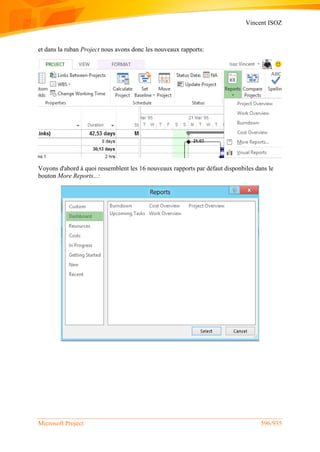 Vincent ISOZ
Microsoft Project 596/935
et dans la ruban Project nous avons donc les nouveaux rapports:
Voyons d'abord à quoi ressemblent les 16 nouveaux rapports par défaut disponbiles dans le
bouton More Reports...:
 