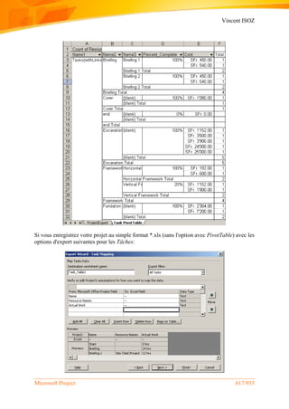Vincent ISOZ
Microsoft Project 617/935
Si vous enregistrez votre projet au simple format *.xls (sans l'option avec PivotTable) avec les
options d'export suivantes pour les Tâches:
 