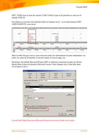 Vincent ISOZ
Microsoft Project 637/935
MSP_TASKS sous le nom de colonne TASK-NAME et que la clé primaire se situe sur le
champ TASK ID.
Par ailleurs en ouvrant cette dernière table en cliquant sur le + et en sélectionnant MSP-
ASSIGNEMENTS, vous aurez:
Dans la table liée qui s'ouvre, nous trouvons toutes les informations les plus importantes: les
coûts, les coûts de la baseline, le travail restant, le travail supp., etc.
Remarque: Par défaut Microsoft Project 2007 et antérieurs insèrenet les dates en format
binaire dans la base de données Microsoft Access. Pour changer cela, il faut aller dans
Tools/Options/Save:
La suite fait l'objet d'un cours Microsoft Access (voir mon e-book sur le sujet).
 