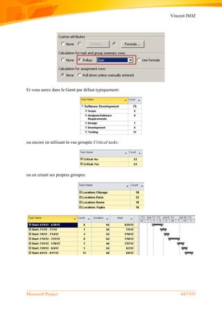 Vincent ISOZ
Microsoft Project 647/935
Et vous aurez dans le Gantt par défaut typiquement:
ou encore en utilisant la vue groupée Critical tasks:
ou en créant ses propres groupes:
 
