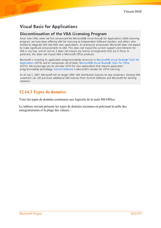 Vincent ISOZ
Microsoft Project 662/935
12.14.3 Types de données
Voici les types de données communes aux logiciels de la suite MS Office:
Le tableau suivant présente les types de données reconnus en précisant la taille des
enregistrements et la plage des valeurs.
 