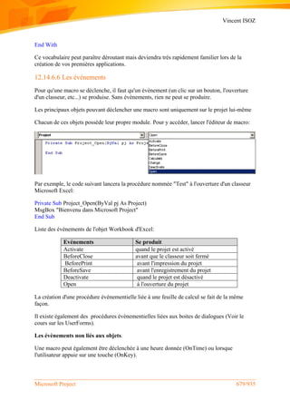 Vincent ISOZ
Microsoft Project 679/935
End With
Ce vocabulaire peut paraître déroutant mais deviendra très rapidement familier lors de la
création de vos premières applications.
12.14.6.6 Les événements
Pour qu'une macro se déclenche, il faut qu'un évènement (un clic sur un bouton, l'ouverture
d'un classeur, etc...) se produise. Sans évènements, rien ne peut se produire.
Les principaux objets pouvant déclencher une macro sont uniquement sur le projet lui-même
Chacun de ces objets possède leur propre module. Pour y accéder, lancer l'éditeur de macro:
Par exemple, le code suivant lancera la procédure nommée "Test" à l'ouverture d'un classeur
Microsoft Excel:
Private Sub Project_Open(ByVal pj As Project)
MsgBox "Bienvenu dans Microsoft Project"
End Sub
Liste des évènements de l'objet Workbook d'Excel:
Evénements Se produit
Activate quand le projet est activé
BeforeClose avant que le classeur soit fermé
BeforePrint avant l'impression du projet
BeforeSave avant l'enregistrement du projet
Deactivate quand le projet est désactivé
Open à l'ouverture du projet
La création d'une procédure évènementielle liée à une feuille de calcul se fait de la même
façon.
Il existe également des procédures évènementielles liées aux boites de dialogues (Voir le
cours sur les UserForms).
Les évènements non liés aux objets.
Une macro peut également être déclenchée à une heure donnée (OnTime) ou lorsque
l'utilisateur appuie sur une touche (OnKey).
 