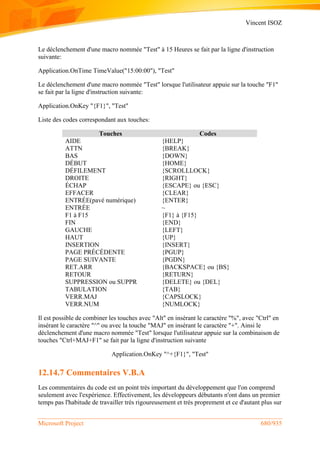 Vincent ISOZ
Microsoft Project 680/935
Le déclenchement d'une macro nommée "Test" à 15 Heures se fait par la ligne d'instruction
suivante:
Application.OnTime TimeValue("15:00:00"), "Test"
Le déclenchement d'une macro nommée "Test" lorsque l'utilisateur appuie sur la touche "F1"
se fait par la ligne d'instruction suivante:
Application.OnKey "{F1}", "Test"
Liste des codes correspondant aux touches:
Touches Codes
AIDE {HELP}
ATTN {BREAK}
BAS {DOWN}
DÉBUT {HOME}
DÉFILEMENT {SCROLLLOCK}
DROITE {RIGHT}
ÉCHAP {ESCAPE} ou {ESC}
EFFACER {CLEAR}
ENTRÉE(pavé numérique) {ENTER}
ENTRÉE ~
F1 à F15 {F1} à {F15}
FIN {END}
GAUCHE {LEFT}
HAUT {UP}
INSERTION {INSERT}
PAGE PRÉCÉDENTE {PGUP}
PAGE SUIVANTE {PGDN}
RET.ARR {BACKSPACE} ou {BS}
RETOUR {RETURN}
SUPPRESSION ou SUPPR {DELETE} ou {DEL}
TABULATION {TAB}
VERR.MAJ {CAPSLOCK}
VERR.NUM {NUMLOCK}
Il est possible de combiner les touches avec "Alt" en insérant le caractère "%", avec "Ctrl" en
insérant le caractère "^" ou avec la touche "MAJ" en insérant le caractère "+". Ainsi le
déclenchement d'une macro nommée "Test" lorsque l'utilisateur appuie sur la combinaison de
touches "Ctrl+MAJ+F1" se fait par la ligne d'instruction suivante
Application.OnKey "^+{F1}", "Test"
12.14.7 Commentaires V.B.A
Les commentaires du code est un point très important du développement que l'on comprend
seulement avec l'expérience. Effectivement, les développeurs débutants n'ont dans un premier
temps pas l'habitude de travailler très rigoureusement et très proprement et ce d'autant plus sur
 