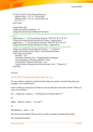 Vincent ISOZ
Microsoft Project 710/935
For Each Client In ActiveProject.Resources
xlSheet.Cells(1 + CT, 1) = Client.Name
xlSheet.Cells(1 + CT, 2) = Client.Work / 60
CT = CT + 1
Next Client
xlApp.Charts.Add
xlApp.ActiveChart.ChartType = 51
xlApp.ActiveChart.SeriesCollection.NewSeries
'attention selon la langue de l'interface de Microsoft Excel de remplacer Feuil par le nom
adéquat
plagevaleursx = "=" & ActiveProject.Name & "!R2C1:R" & CT & "C1"
xlApp.ActiveChart.SeriesCollection(1).XValues = plagevaleursx
plagevaleurs = "=" & ActiveProject.Name & "!R2C2:R" & CT & "C2"
xlApp.ActiveChart.SeriesCollection(1).Values = plagevaleurs
'Attention à la manière d'écrire cette ligne (sinon cela rajoute une série vide!)
xlApp.ActiveChart.SeriesCollection(1).Name = "=""Valeurs"""
xlApp.ActiveChart.Location Where:=xlLocationAsNewSheet
With xlApp.ActiveChart
.HasTitle = True
.ChartTitle.Characters.Text = "Représentation Graphique"
.Axes(xlCategory, xlPrimary).HasTitle = False
.Axes(xlValue, xlPrimary).HasTitle = True
.Axes(xlValue, xlPrimary).AxisTitle.Characters.Text = "Temps [h.]"
End With
End Sub
12.14.10.22 Comptage des tâches dans une vue
Si vous souhaitez compter le nombre de tâches dans une certaine vue (entre deux dates par
exemple), voici comment faire:
Créer un filtre qui sélectionne les tâches en cours de telle date à telle date: nommé "Tâches en
cours sur la semaine... "
Fin ... Supérieure où égale à ... "Commençant ou finissant après le:"?
Et
Début... Inférieur où égal à ... "et avant:"?
Et
Récapitulative... égal à .... non
Puis écrire une procédure VBA qui active ce filtre et compte les tâches sélectionnées:
Sub TachesEnCoursBis()
 
