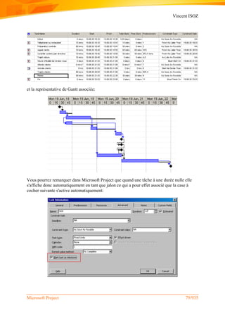 Vincent ISOZ
Microsoft Project 79/935
et la représentative de Gantt associée:
Vous pourrez remarquer dans Microsoft Project que quand une tâche à une durée nulle elle
s'affiche donc automatiquement en tant que jalon ce qui a pour effet associé que la case à
cocher suivante s'active automatiquement:
 