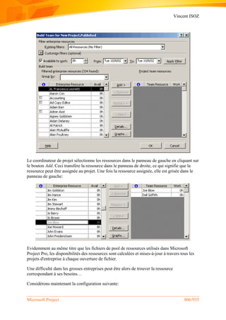 Vincent ISOZ
Microsoft Project 806/935
Le coordinateur de projet sélectionne les ressources dans le panneau de gauche en cliquant sur
le bouton Add. Ceci transfère la ressource dans le panneau de droite, ce qui signifie que la
ressource peut être assignée au projet. Une fois la ressource assignée, elle est grisée dans le
panneau de gauche:
Evidemment au même titre que les fichiers de pool de ressources utilisés dans Microsoft
Project Pro, les disponibilités des ressources sont calculées et mises-à-jour à travers tous les
projets d'entreprise à chaque ouverture de fichier.
Une difficulté dans les grosses entreprises peut être alors de trouver la ressource
correspondant à ses besoins…
Considérons maintenant la configuration suivante:
 