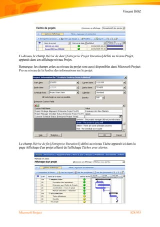 Vincent ISOZ
Microsoft Project 828/935
Ci-dessus, le champ Dérive de date [Entreprise Projet Duration] défini au niveau Projet,
apparaît dans cet affichage niveau Projet.
Remarque: les champs crées au niveau du projet sont aussi disponibles dans Microsoft Project
Pro au niveau de la fenêtre des informations sur le projet:
Le champ Dérive de fin [Entreprise Duration1] défini au niveau Tâche apparaît ici dans la
page Affichage d'un projet affecté de l'affichage Tâches avec alertes.
 