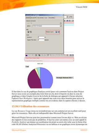 Vincent ISOZ
Microsoft Project 830/935
Il faut dans la vue du graphique d'analyse croisé (pour voir comment l'activer dans Project
Server nous avons un exemple plus loin) faire un clic droit n'importe où dans la zone du
graphique et dans l'onglet General de la boîte de dialogue qui apparaît à l'écran sélection
l'option Chart Workspace. Après quoi apparaît une zone avec deux boutons pour activer la
représentation graphique multiple comme mis en évidence dans la capture d'écran ci-dessus.
13.10.1 Utilisation des ressources
La vue Resource Usage (nous ne reviendront pas sur son contenu) est un excellent outil pour
gérer les ressources. Mais elle est indisponible dans Microsoft Project Server.
Microsoft Project Serveur peut être personnalisé comme nous l'avons déjà vu. Mais au niveau
des rapports il n'en existe pas de prédéfinis. Il faut les créer soit-même avec un outil appelé le
Portfolio Analyzer qui donner au coordinateur de projet un accès très riche sous la forme d'un
cube OLAP (Online Analytical Processin) via un tableau et un graphique croisé dynamique du
 