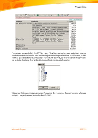 Vincent ISOZ
Microsoft Project 833/935
Connaissant les possibilités des PVT (et cubes OLAP) en particulier, nous souhaitons pouvoir
afficher comment ces heures sont distributés par années et par trimestres. Pour ce faire, il nous
suffit de glisser le champ Year la zone Column fields du PVT, de cliquer sur la liste déroulant
sur la droite du champ Year et de sélectionner le niveau de détails voulus:
Cliquer sur OK vous montrera comment l'ensemble des ressources d'entreprises sont affectées
à travaers les projets et en particulier l'année 2002.
 