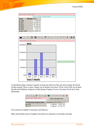 Vincent ISOZ
Microsoft Project 839/935
La prochaine étape consiste à ajouter un nouveau total à la liste qui sera le temps de travail
(work) cumulé. Pour ce faire, cliquez sur le bouton Calculater Totals And Fields sur la barre
d'outils du Portfolion Analyzer et sélectionnez l'option Create Calculated Total de la liste
déroulante:
Ceci activera la fenêtre Commands And Options.
Dans cette fenêtre activez l'onglet Calculation et saisissez-y la formule suivante:
 