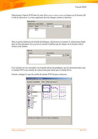 Vincent ISOZ
Microsoft Project 841/935
Sélectionnez l'option WTD dans la zone Select one or more series et cliquez sur le bouton OK
à côté de Operation. La zone supérieure devrait changer comme ci-dessous::
Dans la partie inférieure de la boîte de dialogue, sélectionnez le numéro 2, sélectionnez Right
dans la liste déroulant Axis position et ensuite n'oubliez pas de cliquer sur le bouton Add et
fermez cette fenêtre.
Ceci ajoutera un axe secondaire sur la partie droite du graphique, qui est nécessaire parce que
le champ WTD a une échelle de valeurs bien plus haute que le champ Work.
Ensuite, changez le type de courbe du champ WTD tel que ci-dessous:
 