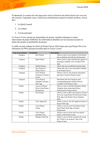 Vincent ISOZ
Microsoft Project 856/935
Évidemment, le contenu de cette page peut varier en fonction des droits d'accès qui vous ont
été octroyés. Cependant, nous y retrouvons normalements toujours la même structure, c'est-à-
dire:
1. La Quick Launch
2. Les rubans
3. L'écran principal
Le Project Center permet au responsables de projets, membres d'équipes et autres
intervenants du projet d'affichier des informatiosn détaillées sur les ressources projets et
tâches des projets ou portfeuilles de projets.
La table suivante indique les droits de Project Server 2010 requis pour que Project Pro et les
utilisateurs de PWA puissent travailler dans le Project Center:
Type de permission Permission Description
Category Save Project Allows a user to save projects to the Project
Server database from Project Professional
Category Open Project Allows users to open and edit their project in
the project schedule view in Project Web
App
Category Publish Project Allows the user to publish the project plan
Category Save Project to
Project Server
Allows the user to save the project schedule
to the Project Server
Category View Projects
Summary in Project
Center
Allows a user to view projects and project
data that is stored in Project Center
Category View Projects
Schedule in Project
Web App
Determines the list of projects (and
corresponding project details) that are
available in the Project Center
Global Log on to Project
Server from Project
Professional
Allows a user to load the Enterprise Global
Template when connecting Project
Professional to Project Server
Global New Project Allows a user to add a new project to Project
Server by using Project Professional, Project
Web App or the Project Server Interface
(PSI)
Global View Approvals Allows a user to view the Approval center in
Project Web App
Global View Project
Center
Allows a user to access the Project Center
from Project Web App or Project
Professional
Global View Project
Schedule View
Allows a user to access and view project
details in the Project Center
Global Manage Check-Ins Allows a user to check in projects by using
the "Check in my projects" link in the
Project Center
 
