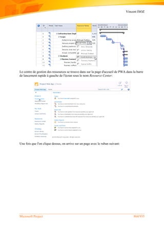 Vincent ISOZ
Microsoft Project 864/935
Le centre de gestion des ressources se trouve dans sur la page d'accueil de PWA dans la barre
de lancement rapide à gauche de l'écran sous le nom Resource Center:
Une fois que l'on clique dessus, on arrive sur un page avec le ruban suivant:
 