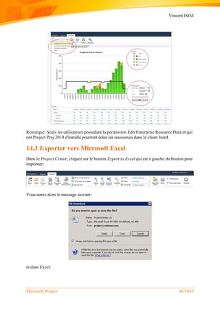 Vincent ISOZ
Microsoft Project 867/935
Remarque: Seuls les utilisateurs possédant la permission Edit Enterprise Resource Data et qui
ont Project Proj 2010 d'installé pourront édier les ressources dans le client lourd.
14.3 Exporter vers Microsoft Excel
Dans le Project Center, cliquez sur le bouton Export to Excel qui est à gauche du bouton pour
imprimer:
Vous aurez alors le message suivant:
et dans Excel:
 