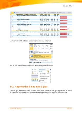 Vincent ISOZ
Microsoft Project 886/935
La procédure est la même si la ressource choisit une autre vue:
et il ne faut pas oublier que les filtres peuvent toujours être utiles:
14.7 Approbation d'une mise à jour
Une fois que la ressource à mis à jour sa tâche, vous pouvez en tant que responsable de projet
(si vous avez les droits pour!) la mettre à jour en passant par la page d'accueil de PWA:
 