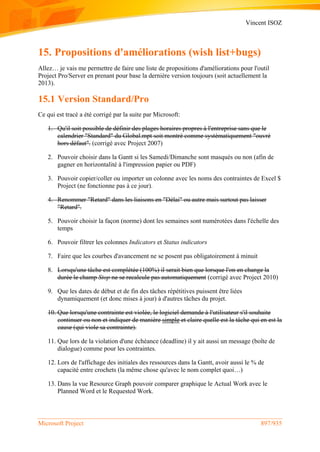 Vincent ISOZ
Microsoft Project 897/935
15. Propositions d'améliorations (wish list+bugs)
Allez… je vais me permettre de faire une liste de propositions d'améliorations pour l'outil
Project Pro/Server en prenant pour base la dernière version toujours (soit actuellement la
2013).
15.1 Version Standard/Pro
Ce qui est tracé a été corrigé par la suite par Microsoft:
1. Qu'il soit possible de définir des plages horaires propres à l'entreprise sans que le
calendrier "Standard" du Global.mpt soit montré comme systématiquement "ouvré
hors défaut". (corrigé avec Project 2007)
2. Pouvoir choisir dans la Gantt si les Samedi/Dimanche sont masqués ou non (afin de
gagner en horizontalité à l'impression papier ou PDF)
3. Pouvoir copier/coller ou importer un colonne avec les noms des contraintes de Excel $
Project (ne fonctionne pas à ce jour).
4. Renommer "Retard" dans les liaisons en "Délai" ou autre mais surtout pas laisser
"Retard".
5. Pouvoir choisir la façon (norme) dont les semaines sont numérotées dans l'échelle des
temps
6. Pouvoir filtrer les colonnes Indicators et Status indicators
7. Faire que les courbes d'avancement ne se posent pas obligatoirement à minuit
8. Lorsqu'une tâche est complétée (100%) il serait bien que lorsque l'on en change la
durée le champ Stop ne se recalcule pas automatiquement (corrigé avec Project 2010)
9. Que les dates de début et de fin des tâches répétitives puissent être liées
dynamiquement (et donc mises à jour) à d'autres tâches du projet.
10. Que lorsqu'une contrainte est violée, le logiciel demande à l'utilisateur s'il souhaite
continuer ou non et indiquer de manière simple et claire quelle est la tâche qui en est la
cause (qui viole sa contrainte).
11. Que lors de la violation d'une échéance (deadline) il y ait aussi un message (boîte de
dialogue) comme pour les contraintes.
12. Lors de l'affichage des initiales des ressources dans la Gantt, avoir aussi le % de
capacité entre crochets (la même chose qu'avec le nom complet quoi…)
13. Dans la vue Resource Graph pouvoir comparer graphique le Actual Work avec le
Planned Word et le Requested Work.
 