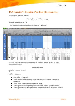 Vincent ISOZ
Microsoft Project 926/935
19.7 Exercice 7: Création d'un Pool (de ressources)
Effectuez une copie des fichiers:
WorkingSite.mpp et Machines.mpp
dans votre dossier d'exercices.
Créez le pool suivant Pool.mpp dans votre dossier d'exercices:
et liez-le aux deux fichiers précédents en mode Pool à la priorité et créez un projet
administratif nommé:
Administratif.mpp
que vous liez aussi au Pool.
Veillez à respecter:
 Les couleurs et les coûts
 Le fait que certaines ressources soient indiquées explicitement comme étant
génériques
 Le fait que 4 ressources aient des post-it (notes)
 Le fait que la ressource générique soit considérée comme ayant 4 individus
 Le fait que le Project Manager a un lien pour pouvoir vite lui envoyer un courriel.
 