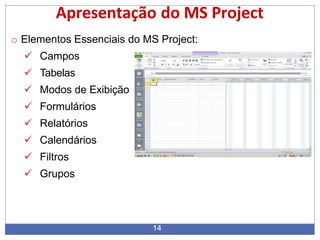 Apresentação do MS Project
o Elementos Essenciais do MS Project:
 Campos
 Tabelas
 Modos de Exibição
 Formulários
 Relatórios
 Calendários
 Filtros
 Grupos
14
 