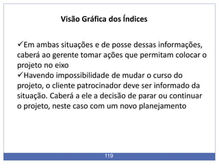 Visão Gráfica dos Índices
119
Em ambas situações e de posse dessas informações,
caberá ao gerente tomar ações que permitam colocar o
projeto no eixo
Havendo impossibilidade de mudar o curso do
projeto, o cliente patrocinador deve ser informado da
situação. Caberá a ele a decisão de parar ou continuar
o projeto, neste caso com um novo planejamento
 