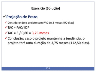 Projeção de Prazo
 Considerando o projeto com PAC de 3 meses (90 dias)
TAC = PAC/ IDP
TAC = 3 / 0,80 = 3,75 meses
Conclusão: caso o projeto mantenha a tendência, o
projeto terá uma duração de 3,75 meses (112,50 dias).
135
Exercício (Solução)
 