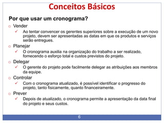 Conceitos Básicos
6
Por que usar um cronograma?
o Vender
 Ao tentar convencer os gerentes superiores sobre a execução de um novo
projeto, devem ser apresentadas as datas em que os produtos e serviços
serão entregues.
o Planejar
 O cronograma auxilia na organização do trabalho a ser realizado,
fornecendo o esforço total e custos previstos do projeto.
o Delegar
 O gerente do projeto pode facilmente delegar as atribuições aos membros
da equipe.
o Controlar
 Com o cronograma atualizado, é possível identificar o progresso do
projeto, tanto fisicamente, quanto financeiramente.
o Prever
 Depois de atualizado, o cronograma permite a apresentação da data final
do projeto e seus custos.
 