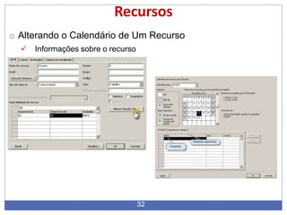 Recursos
o Alterando o Calendário de Um Recurso
 Informações sobre o recurso
32
 