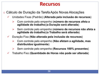 Recursos
36
o Cálculo de Duração da TarefaApós Novas Alocações
 Unidades Fixas (Padrão) (Alterada pela inclusão de recursos)
 Com controle pelo empenho (número de recursos afeta a
agilidade do trabalho)(a Duração será alterada)
 Sem controle pelo empenho (número de recursos não afeta a
agilidade do trabalho)(o Trabalho será alterado)
 Duração Fixa (Não alterada pela inclusão de recursos)
 Com controle pelo empenho (Não afetam a agilidade, mas
distribuidos igualmente)
 Sem controle pelo empenho (Recursos 100% presentes)
 Trabalho Fixo (Quantidade de Horas não pode ser alterada)
 