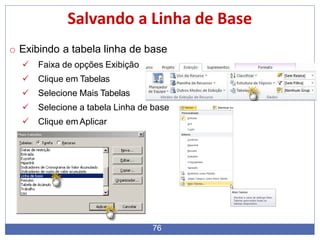 Salvando a Linha de Base
o Exibindo a tabela linha de base
 Faixa de opções Exibição
 Clique em Tabelas
 Selecione Mais Tabelas
 Selecione a tabela Linha de base
 Clique emAplicar
76
 