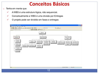 Conceitos Básicos
o Tenha em mente que:
 A WBS é uma estrutura lógica, não sequencial.
 Conceitualmente a WBS é uma divisão por Entregas
 O projeto pode ser dividido em fases e entregas
12
 