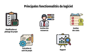 Principales fonctionnalités du logiciel
Planification et
pilotage de projet
Gestion des
ressources
Gestion
des couts
Exécution et
suivi de projet Rapport
 