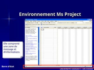 Environnement Ms Project
Environnement Ms Project
Barre d’état
UNIVERSITÉ HASSAN II – AIN CHOCK
Elle comprend
une zone de
message et
d’informations
 