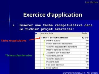 Exercice d’application
Exercice d’application
3.
3. Insérer une tâche récapitulative dans
Insérer une tâche récapitulative dans
le fichier projet exercice1:
le fichier projet exercice1:
UNIVERSITÉ HASSAN II – AIN CHOCK
Tâche récapitulative
Tâches subordonnées
Les tâches
Les tâches
 