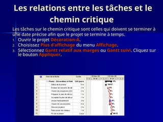 Les relations entre les tâches et le
Les relations entre les tâches et le
chemin critique
chemin critique
Les tâches sur le chemin critique sont celles qui doivent se terminer à
Les tâches sur le chemin critique sont celles qui doivent se terminer à
une date précise afin que le projet se termine à temps.
une date précise afin que le projet se termine à temps.
1.
1. Ouvrir le projet
Ouvrir le projet Décoration-A
Décoration-A.
.
2.
2. Choisissez
Choisissez Plus d’affichage
Plus d’affichage du menu
du menu Affichage
Affichage.
.
3.
3. Sélectionnez
Sélectionnez Gantt relatif aux marges
Gantt relatif aux marges ou
ou Gantt suivi
Gantt suivi. Cliquez sur
. Cliquez sur
le bouton
le bouton Appliquer
Appliquer.
.
 