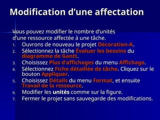 Modification d’une affectation
Modification d’une affectation
Vous pouvez modifier le nombre d’unités
Vous pouvez modifier le nombre d’unités
d’une ressource affectée à une tâche.
d’une ressource affectée à une tâche.
1.
1. Ouvrons de nouveau le projet
Ouvrons de nouveau le projet Décoration-A
Décoration-A.
.
2.
2. Sélectionnez la tâche
Sélectionnez la tâche Évaluer les besoins
Évaluer les besoins du
du
diagramme de Gantt
diagramme de Gantt.
.
3.
3. Choisissez
Choisissez Plus d’affichages
Plus d’affichages du menu
du menu Affichage
Affichage.
.
4.
4. Sélectionnez
Sélectionnez Fiche détaillée de tâche
Fiche détaillée de tâche. Cliquez sur le
. Cliquez sur le
bouton
bouton Appliquer
Appliquer.
.
5.
5. Choisissez
Choisissez Détails
Détails du menu
du menu Format
Format, et ensuite
, et ensuite
Travail de la ressource
Travail de la ressource.
.
6.
6. Modifier les
Modifier les unités
unités comme sur la figure.
comme sur la figure.
7.
7. Fermer le projet sans sauvegarde des modifications.
Fermer le projet sans sauvegarde des modifications.
 