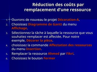 Réduction des coûts par
Réduction des coûts par
remplacement d’une ressource
remplacement d’une ressource
1.
1. Ouvrons de nouveau le projet
Ouvrons de nouveau le projet Décoration-A
Décoration-A.
.
2.
2. Choisissez
Choisissez Diagramme de Gantt
Diagramme de Gantt du menu
du menu
Affichage
Affichage.
.
3.
3. Sélectionnez la tâche à laquelle la ressource que vous
Sélectionnez la tâche à laquelle la ressource que vous
souhaitez remplacer est affectée. Pour notre
souhaitez remplacer est affectée. Pour notre
exemple,
exemple, Décorer la pièce
Décorer la pièce.
.
4.
4. choisissez la commande
choisissez la commande Affectation des
Affectation des ressources
ressources
du menu
du menu Insertion
Insertion.
.
5.
5. Remplacer la ressource
Remplacer la ressource Ahmed
Ahmed par
par Fikri
Fikri.
.
6.
6. Choisissez le bouton
Choisissez le bouton Fermer
Fermer
 