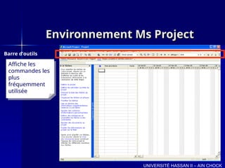 Environnement Ms Project
Environnement Ms Project
Barre d’outils
UNIVERSITÉ HASSAN II – AIN CHOCK
Affiche les
commandes les
plus
fréquemment
utilisée
 
