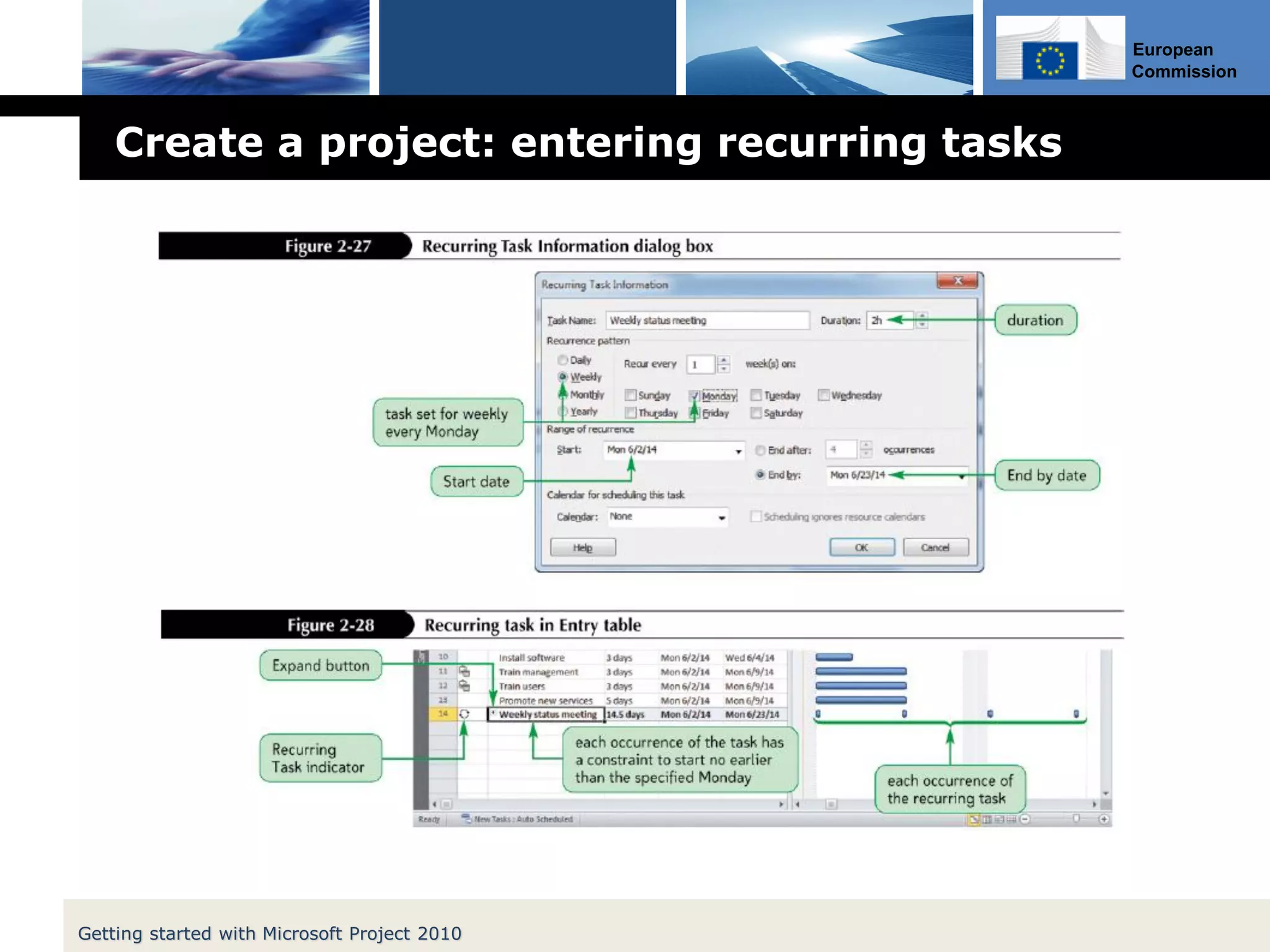 European
Commission
Create a project: entering recurring tasks
Getting started with Microsoft Project 2010
 
