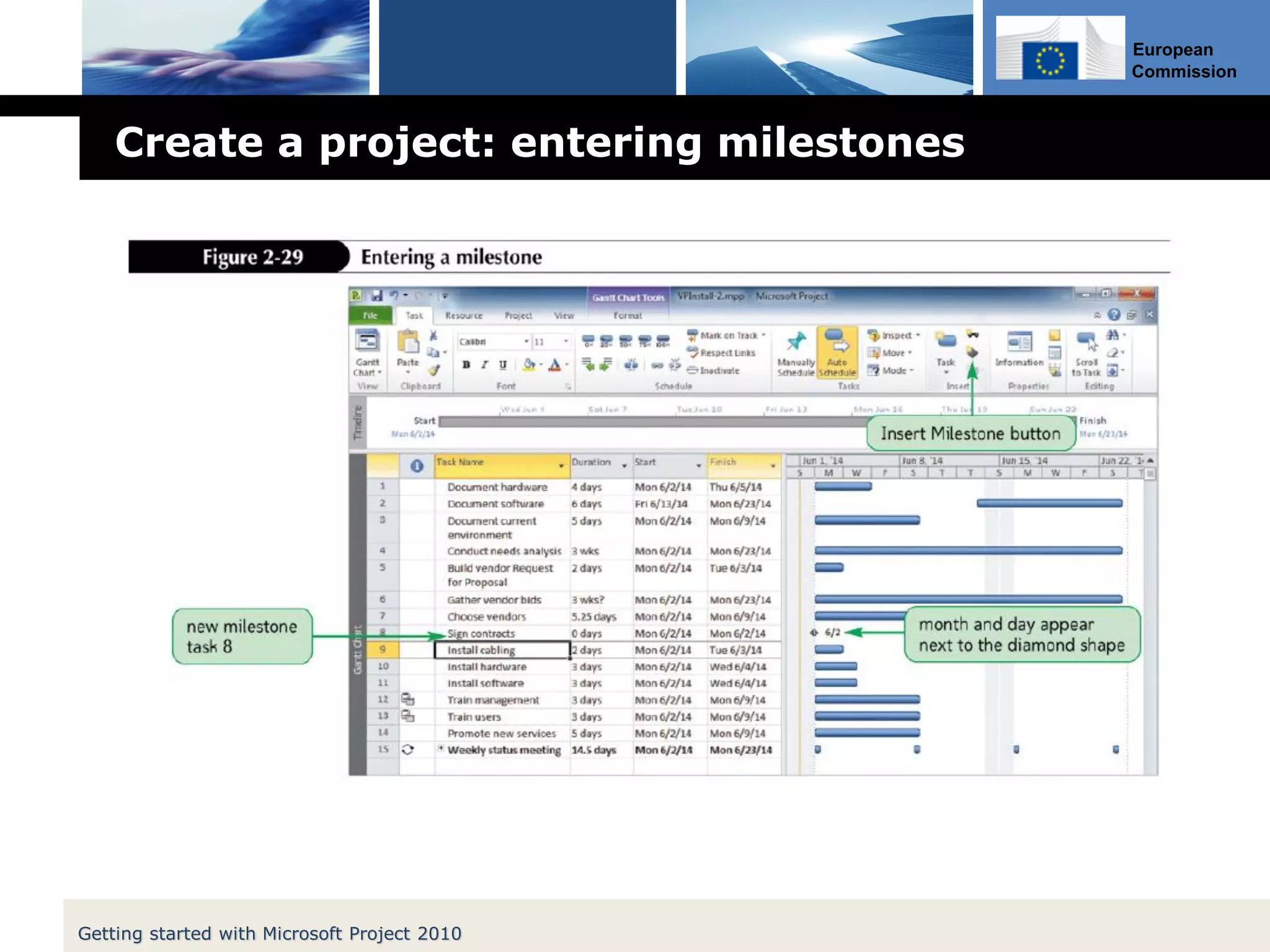 European
Commission
Create a project: entering milestones
Getting started with Microsoft Project 2010
 