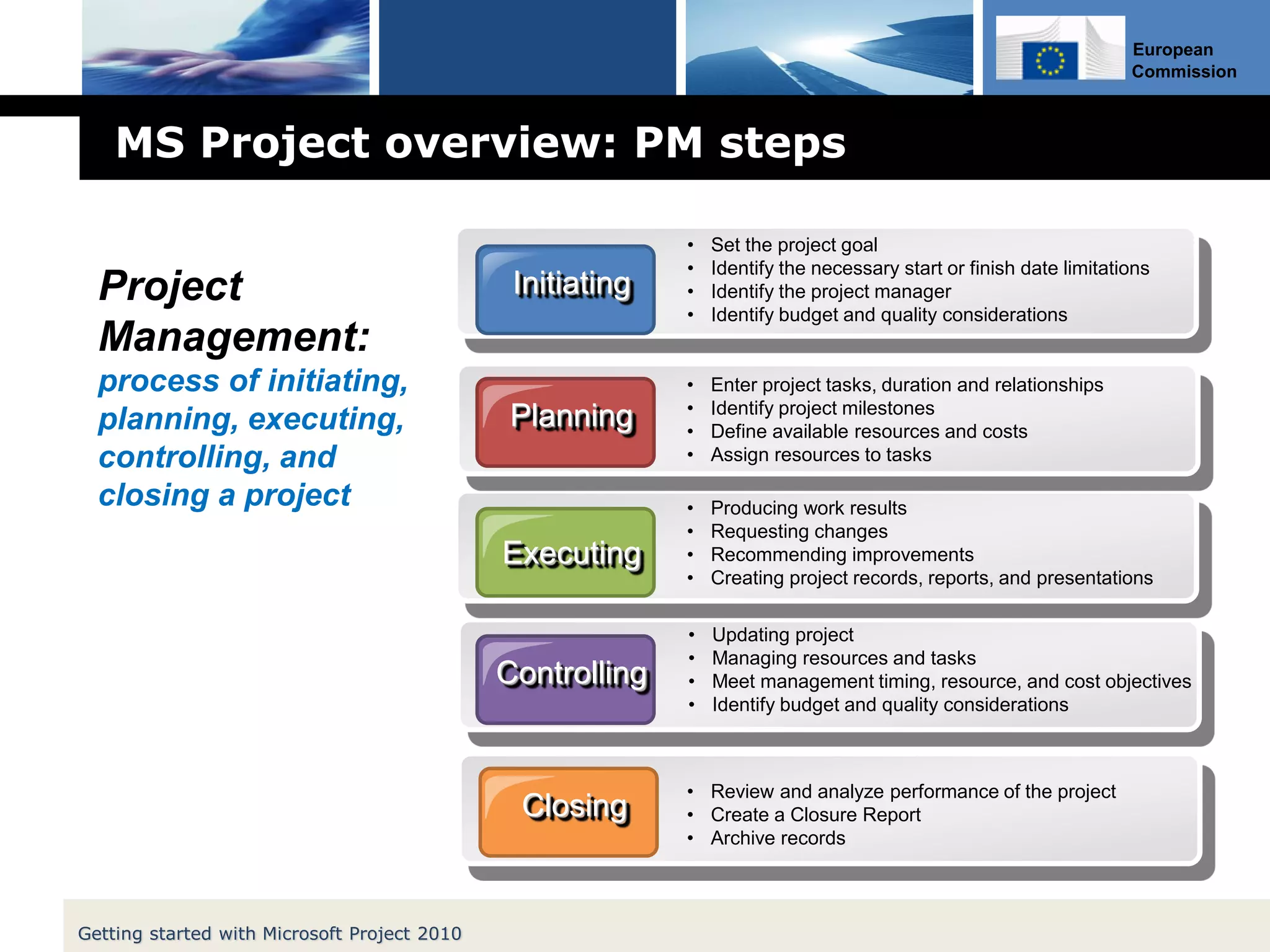 European
Commission
Initiating
• Set the project goal
• Identify the necessary start or finish date limitations
• Identify the project manager
• Identify budget and quality considerations
• Enter project tasks, duration and relationships
• Identify project milestones
• Define available resources and costs
• Assign resources to tasks
• Producing work results
• Requesting changes
• Recommending improvements
• Creating project records, reports, and presentations
• Updating project
• Managing resources and tasks
• Meet management timing, resource, and cost objectives
• Identify budget and quality considerations
• Review and analyze performance of the project
• Create a Closure Report
• Archive records
Planning
Executing
Controlling
Closing
Project
Management:
process of initiating,
planning, executing,
controlling, and
closing a project
MS Project overview: PM steps
Getting started with Microsoft Project 2010
 