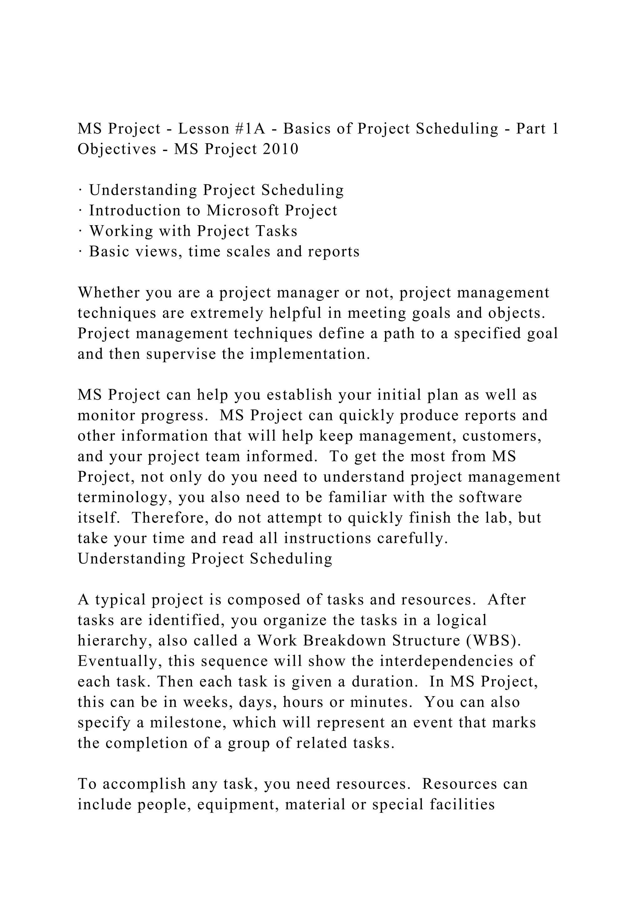Ms project lesson 1a basics of project scheduling part 1o docx