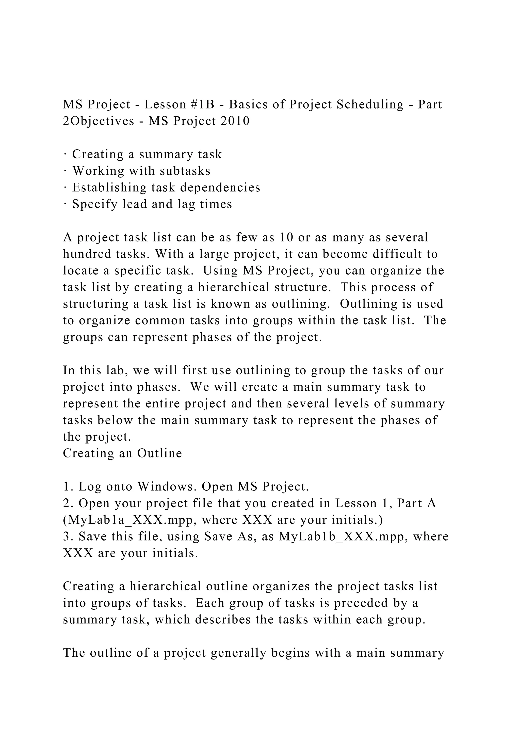 Ms project lesson 1b basics of project scheduling part 2obj docx
