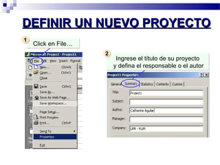 DDEEFFIINNIIRR UUNN NNUUEEVVOO PPRROOYYEECCTTOO 
Ingrese el título de su proyecto 
y defina el responsable o el autor 
11 CClliicckk eenn FFiillee…… 
22 
 